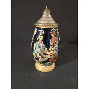 Vintage Authentic German Hand Painted Pot Bellied Stein Pewter Lid Tankard